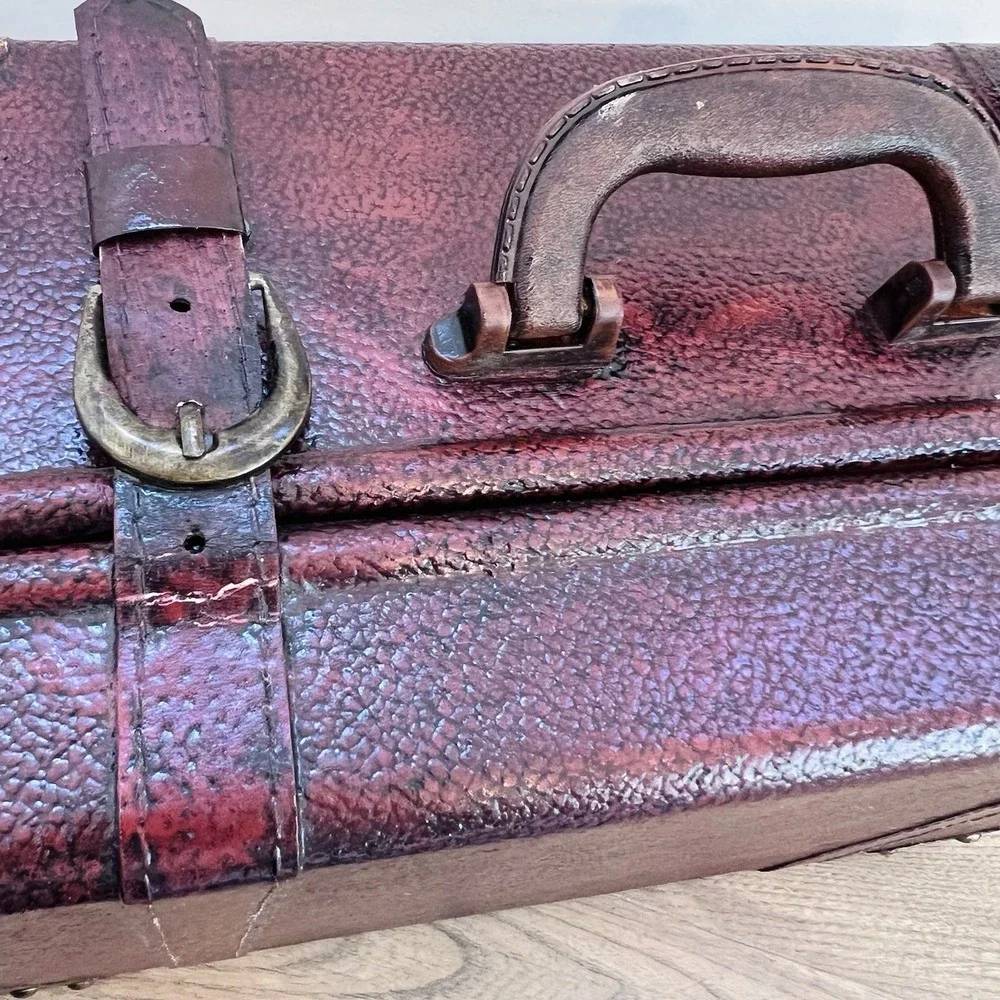 Vintage 90s Burgundy Faux Leather Decorative Trunk Storage Chest Brass Accents